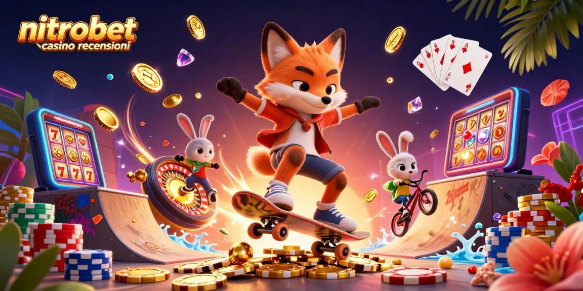 Scopri le recensioni di NitroBet Casino mentre un'illustrazione vivace mostra emozionanti giochi e promozioni.