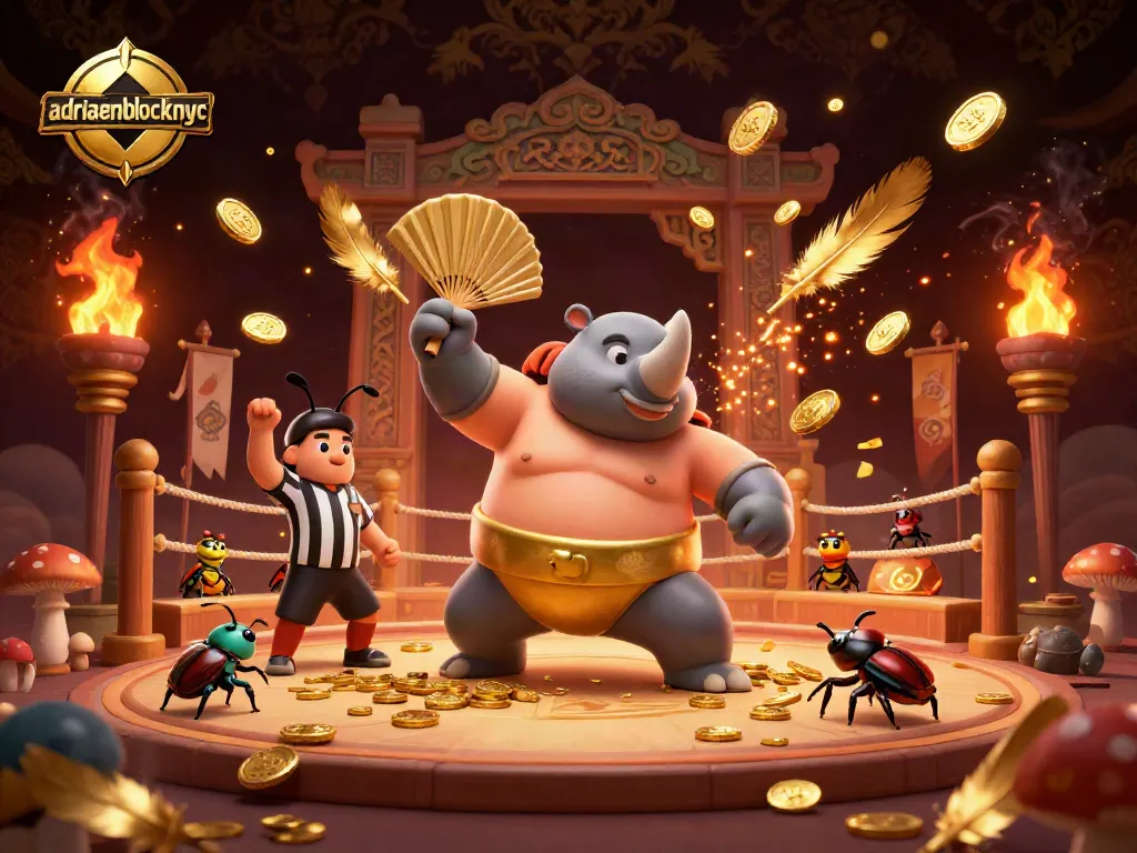 Adriaenblocknyc showcases a dynamic 3D cartoon scene of beetle champions battling in a gambling arena.