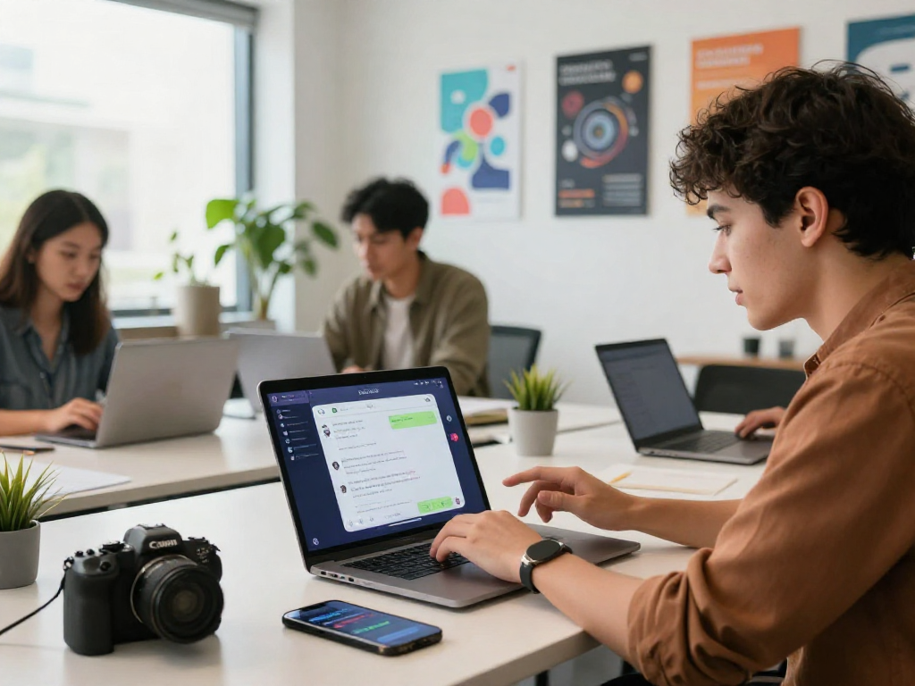 Dynamic scene showcasing juicy chat ai interface in an engaging tech workspace with professionals collaborating.