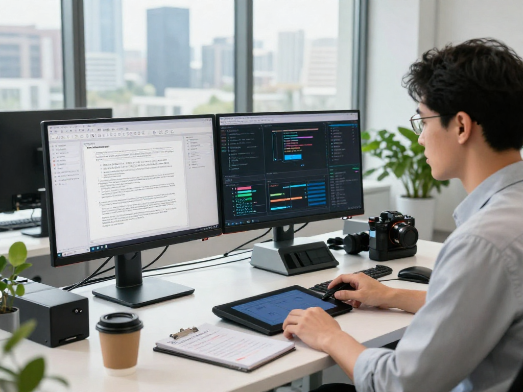 Document fraud detection analyst examining data in a modern office setting, showcasing advanced technology and focused atmosphere.