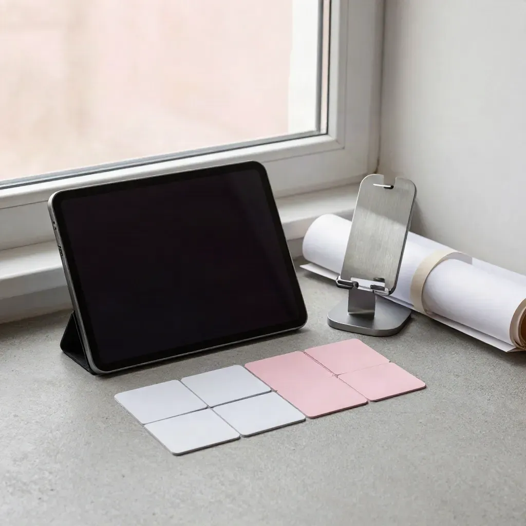 Kit per campagne Meta Ads con tablet, supporto telefono e schede budget in studio moderno luminoso.