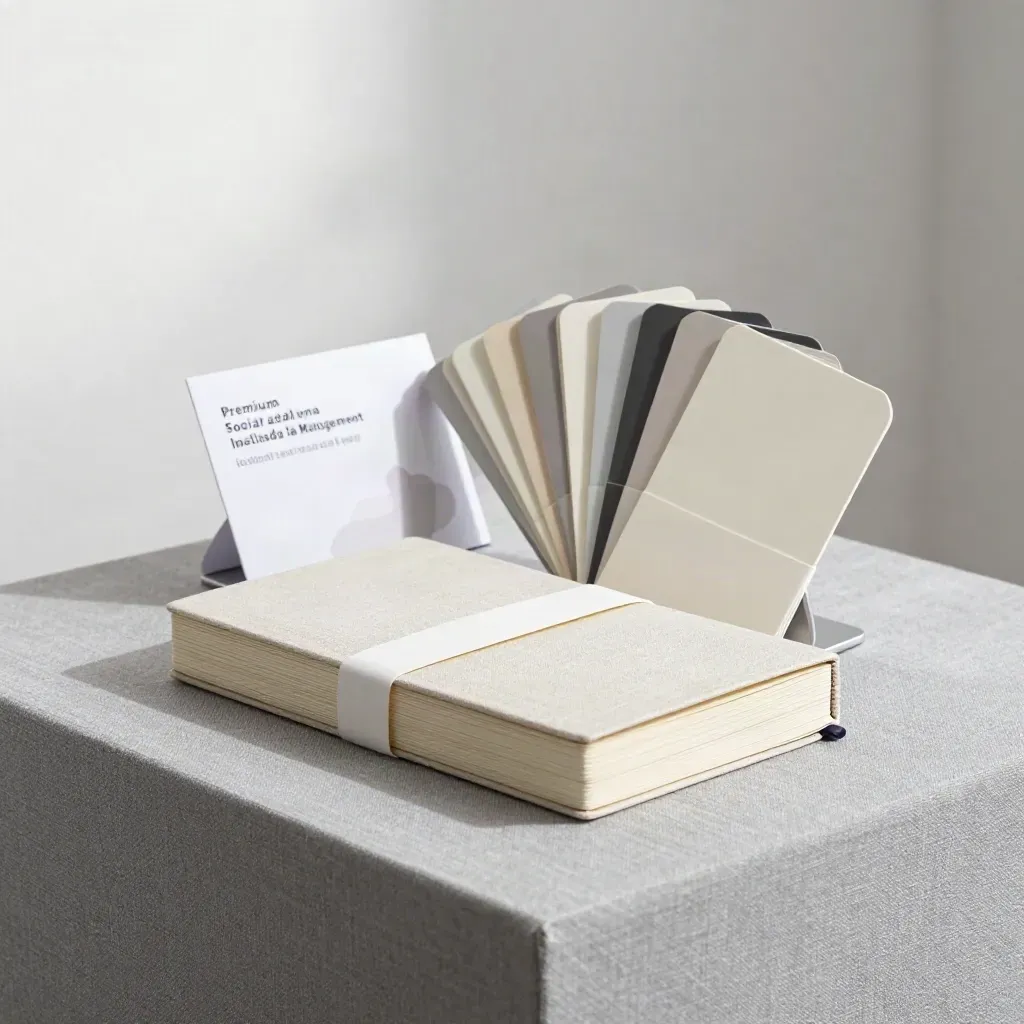 Bundle premium per gestione social con carte, notebook chiuso, supporto telefono e campionario colori su lino grigio.