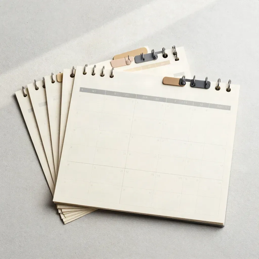 Flat lay dall’alto di card calendario, tab e chip di pianificazione su lastra di cemento chiaro.