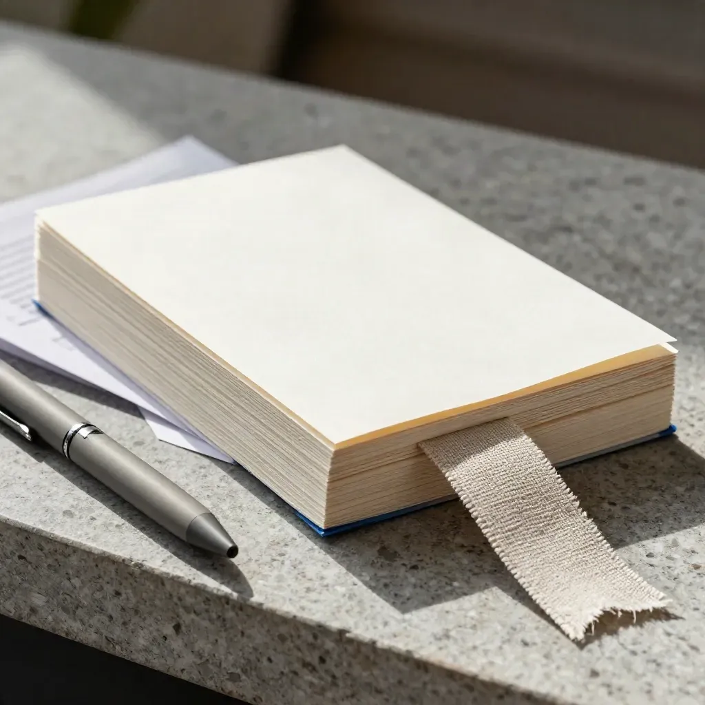 Carta copie bianche, foglio piegato e penna opaca su lastra di pietra