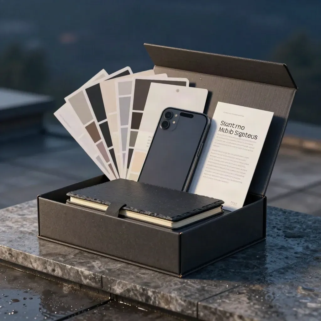 Kit social premium su plinto bagnato, luce fredda all’alba e accessori editoriali