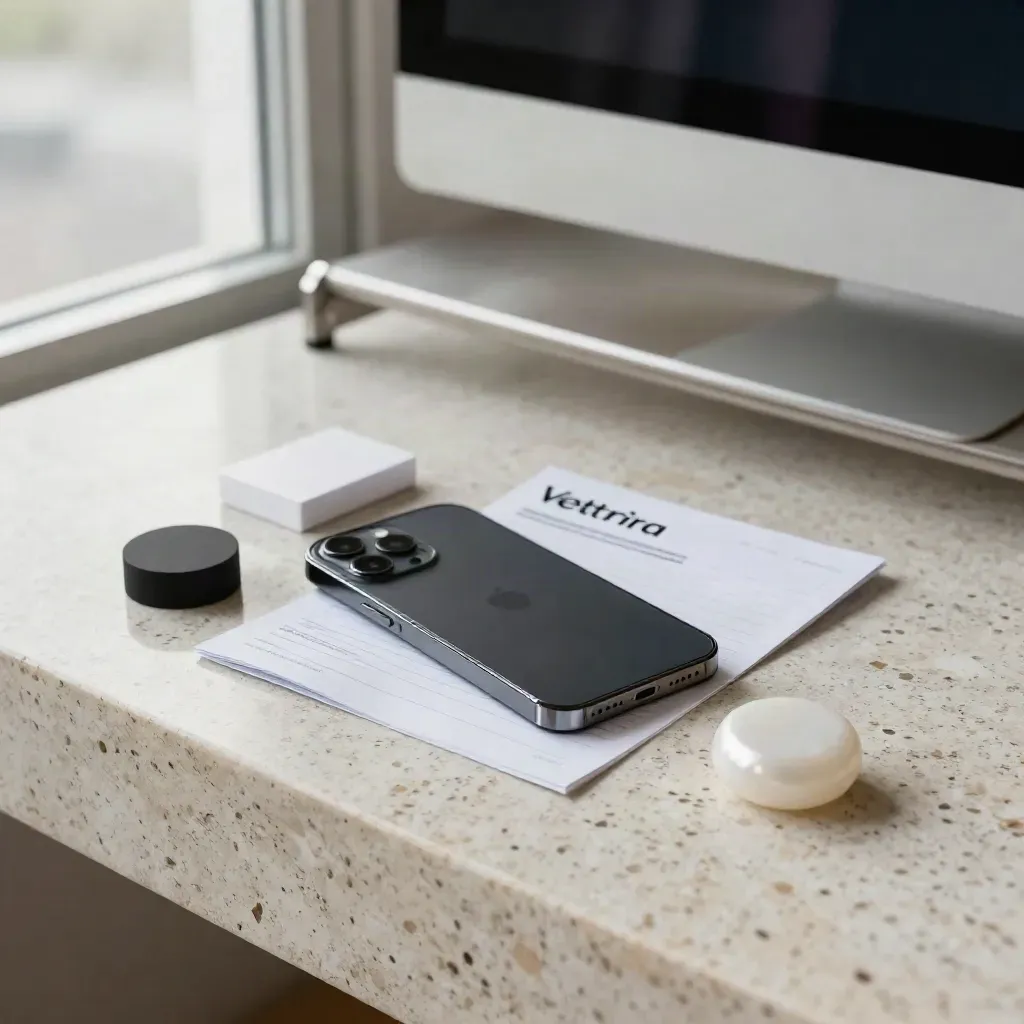 Kit pubblicitario per social con telefono, scheda piegata e blocco bianco su travertino.
