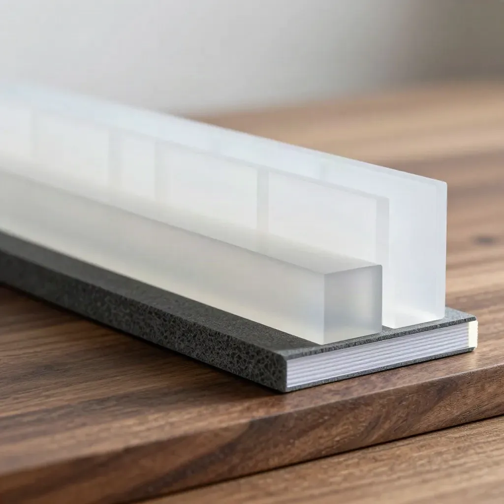 Bundle metrico in acrilico satinato e carte griglia su base noce, luce soffusa.