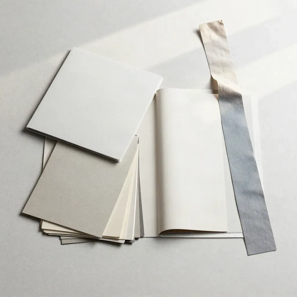 Flat lay overhead di kit branding con cartelle, swatch e tessuto su cemento chiaro.