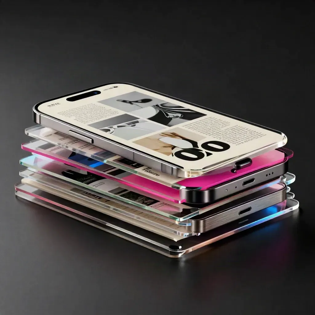 Bundle campagne social con smartphone, moduli acrilici e luce fucsia su fondo scuro