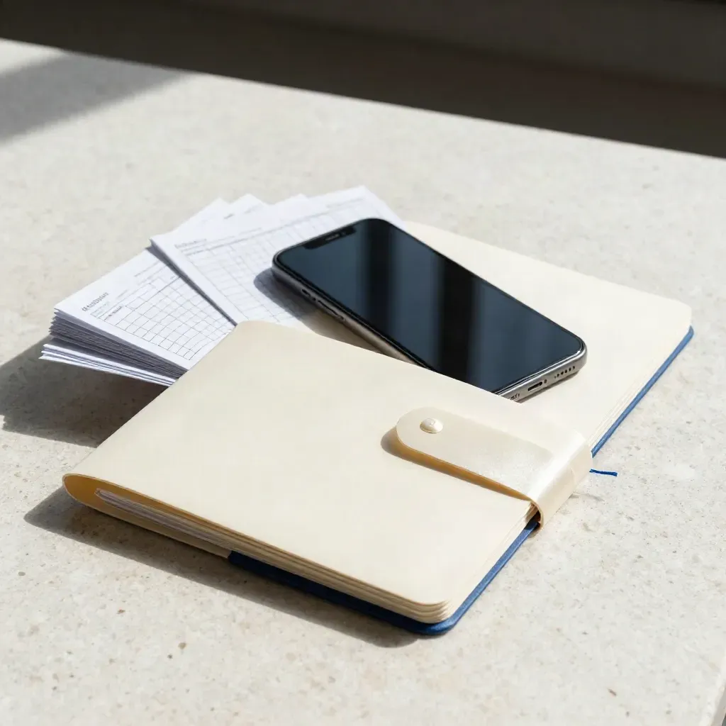 Kit di audit social aperto su travertino con smartphone e schede, luce fredda e look premium.