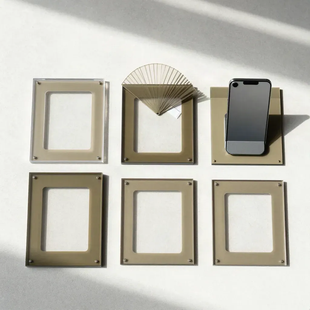 Flatlay overhead di frame stories traslucidi, inserti matte e supporto smartphone su cemento chiaro.