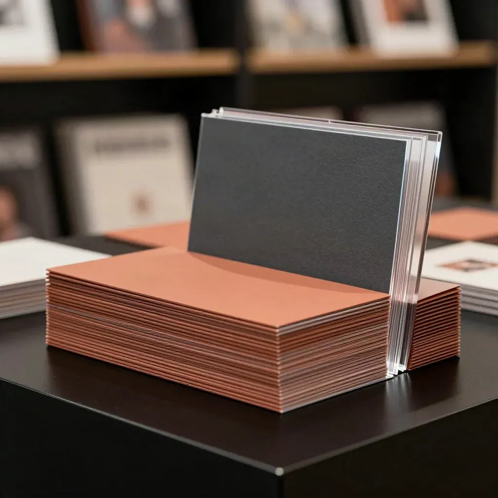 Kit evento lancio con inviti e card acriliche su base scura, in luce drammatica.