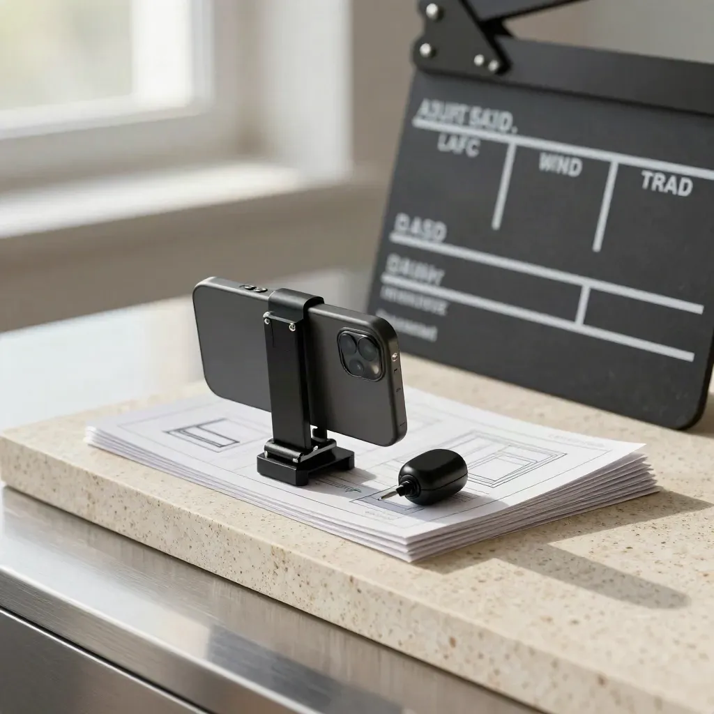 Kit reel per studio con clamp per smartphone, schede storyboard, audio puck e slate su travertino.