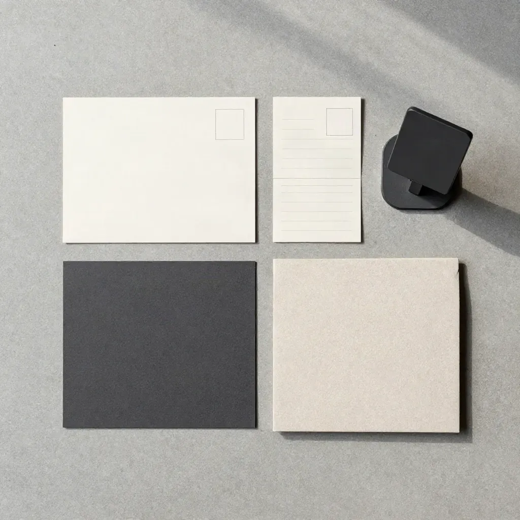 Flatlay dall’alto di kit mensile per gestione Facebook locale su cemento