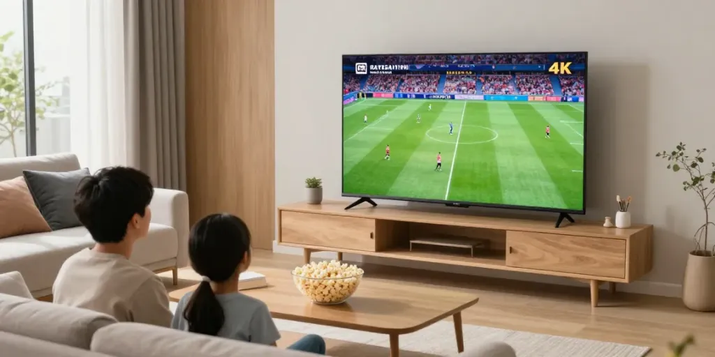 Family enjoying abbonamento iptv in a cozy living room while watching sports on a big screen.