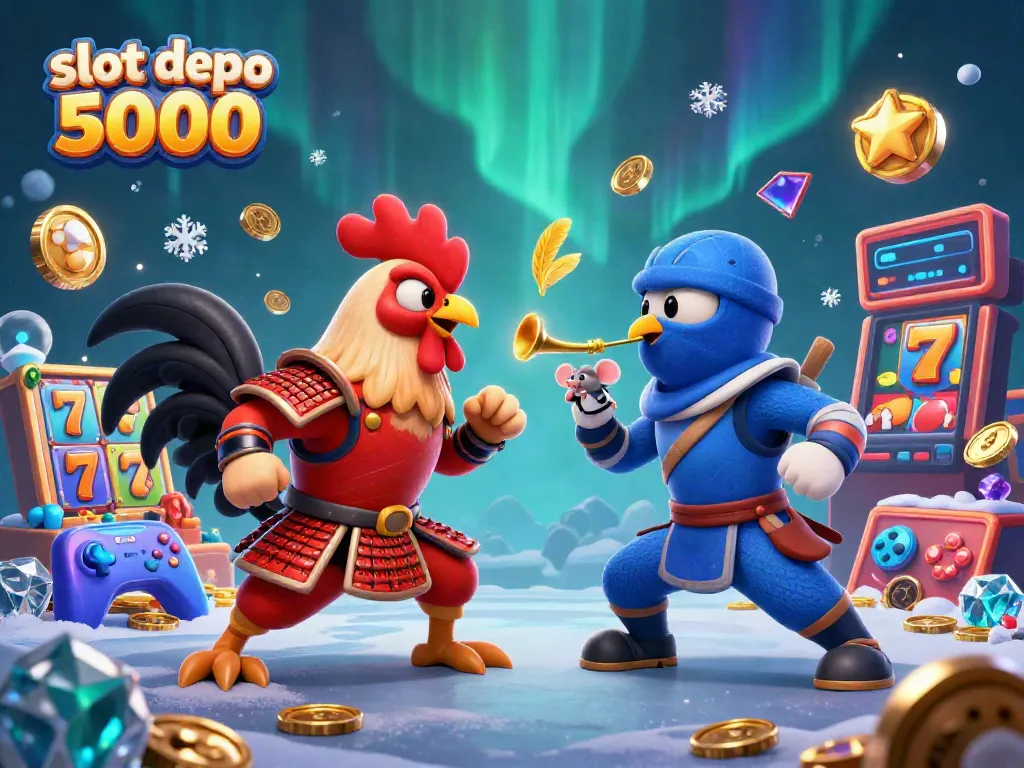 Engage with vibrant slot depo 5000 action featuring rooster warriors, colorful game elements, and a dynamic casino atmosphere.