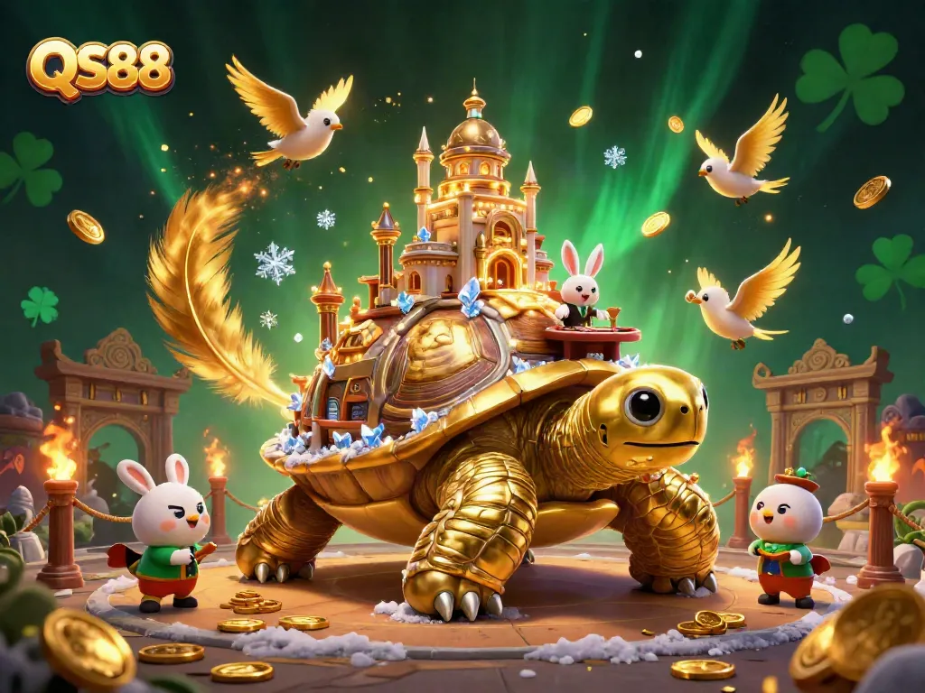 Engage with QS88's thrilling casino atmosphere featuring a whimsical golden tortoise and vibrant gameplay elements.