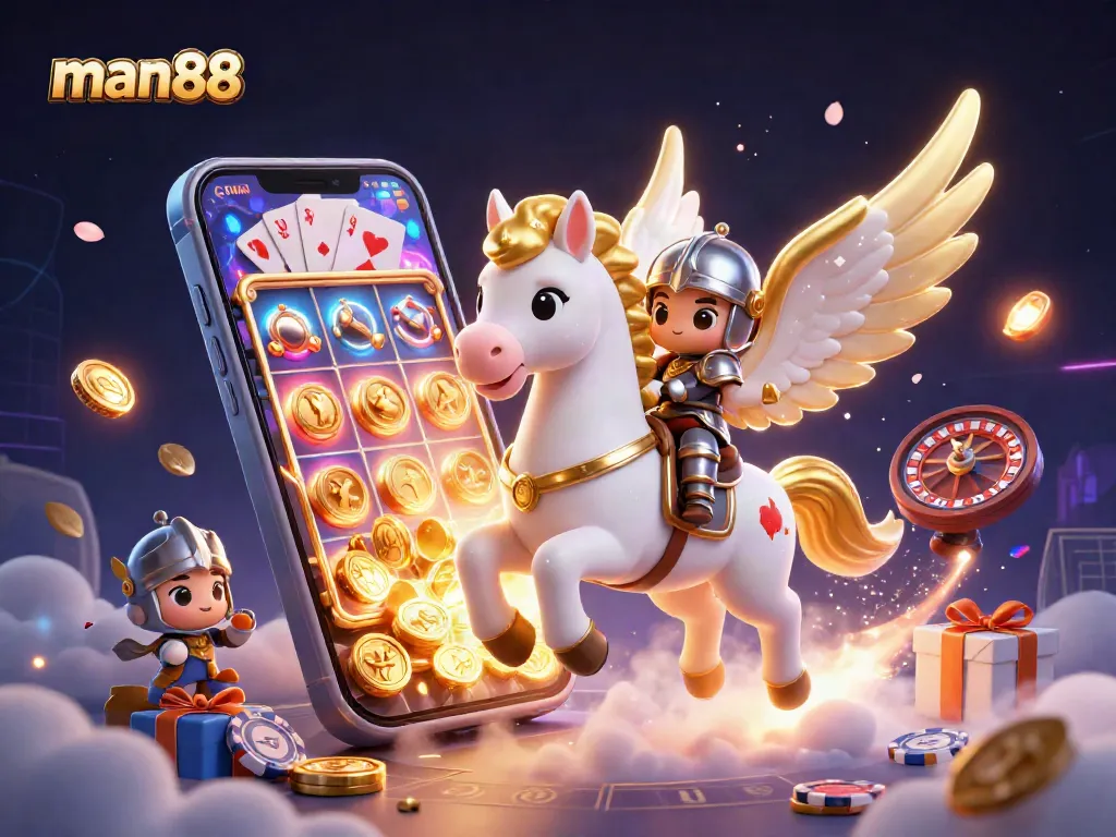 Experience exciting games at man88 with a scene of a cartoon knight on a celestial horse amidst vibrant casino elements.