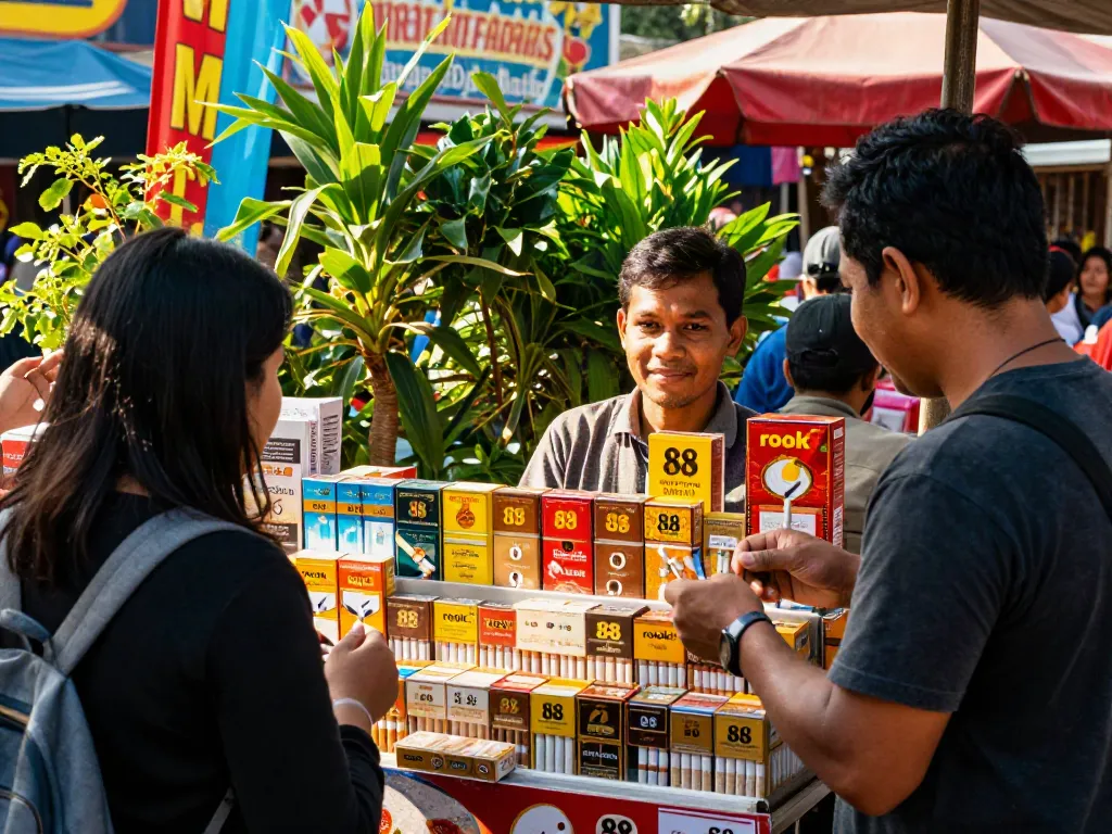 Busy market stall with vendor promoting rokok 88 cigarettes amidst bright colors and greenery.