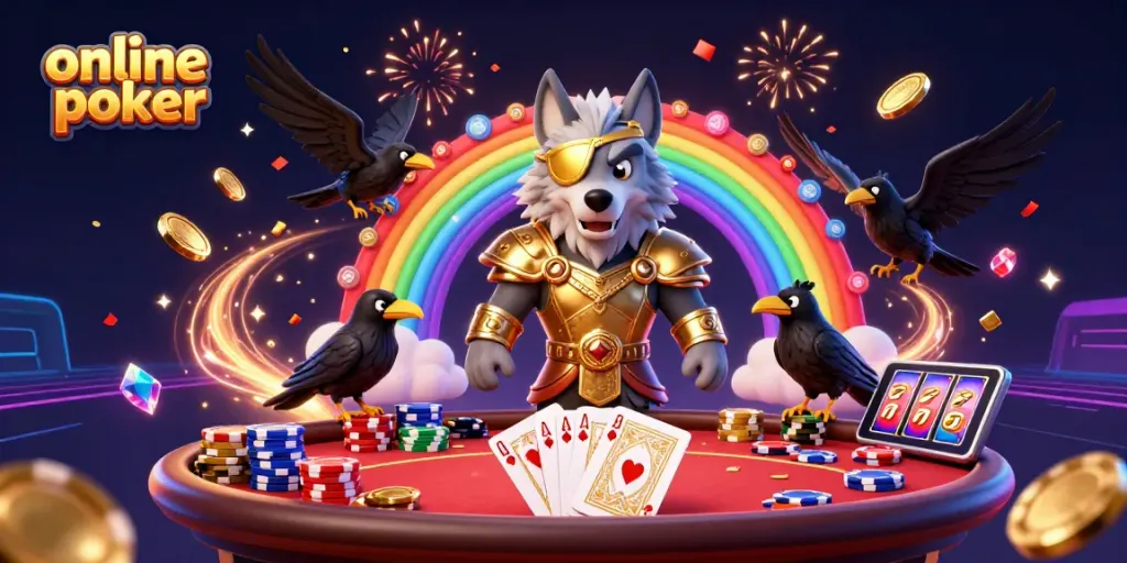 Engage in online poker action with vibrant characters, colorful chips, and festive atmosphere.