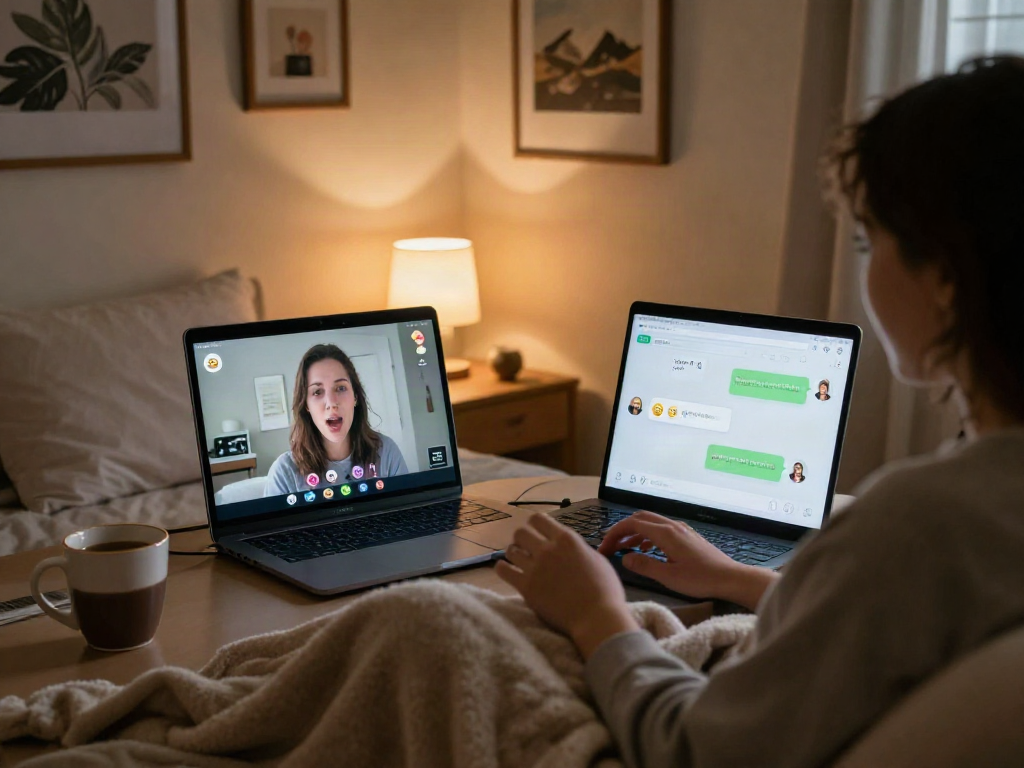 Engaging in a porn chat ai session from the comfort of a cozy bedroom, featuring warm lighting and personal decor.